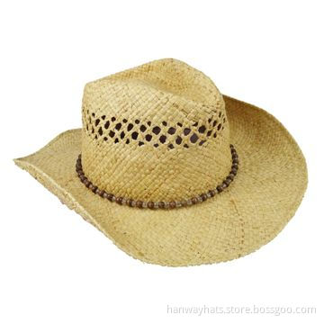 Wholesale Straw Cowboy Hat, new style fashionable wholesale raffia straw cowboy with beaded trim